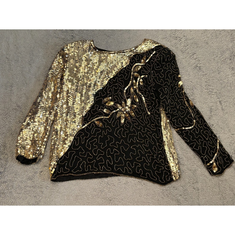 VTG Jean for Joseph Le Bon Silk Sequin Beaded Black Gold Formal Top- Size Medium